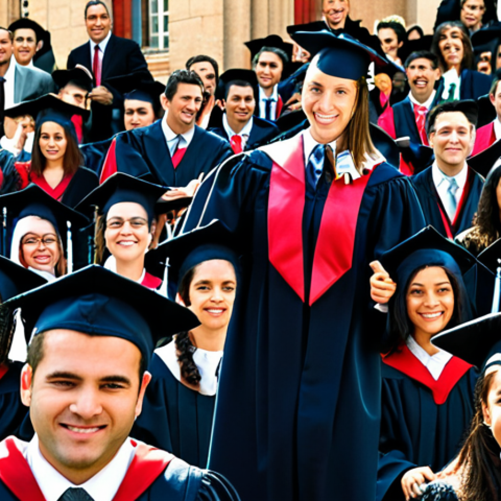 ** A graduation ceremony at a Spanish university, focusing on students receiving their Psychology degrees. The scene is bright and celebratory, with families cheering. Focus on the proud expressions of the graduates and the traditional academic attire.

**