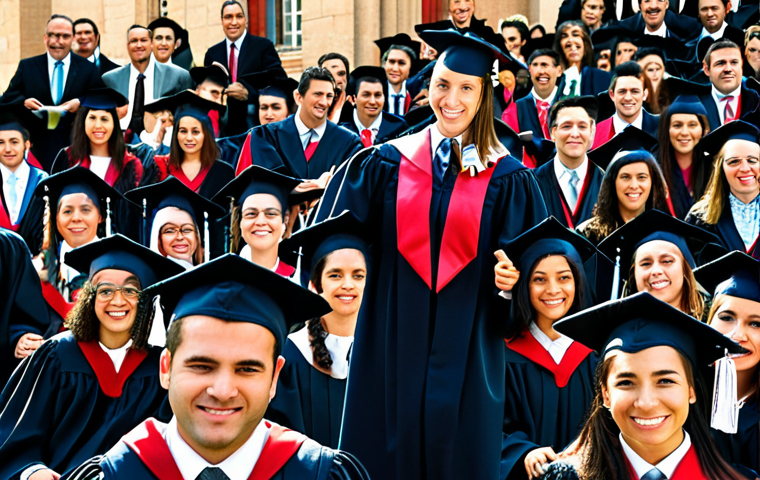** A graduation ceremony at a Spanish university, focusing on students receiving their Psychology degrees. The scene is bright and celebratory, with families cheering. Focus on the proud expressions of the graduates and the traditional academic attire.
**