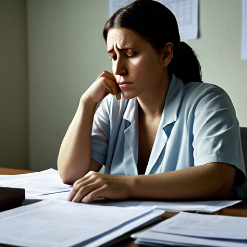 Home 22 **
A therapist sitting in a dimly lit office, looking thoughtful and slightly weary, with papers scattered on their desk. In the background, a faint, blurred image represents the emotional struggles of various patients. Focus on conveying empathy and the weight of emotional burdens. Use soft, muted colors with a touch of melancholy. Keywords: empathy, counselor, burnout, support, mental health.
**