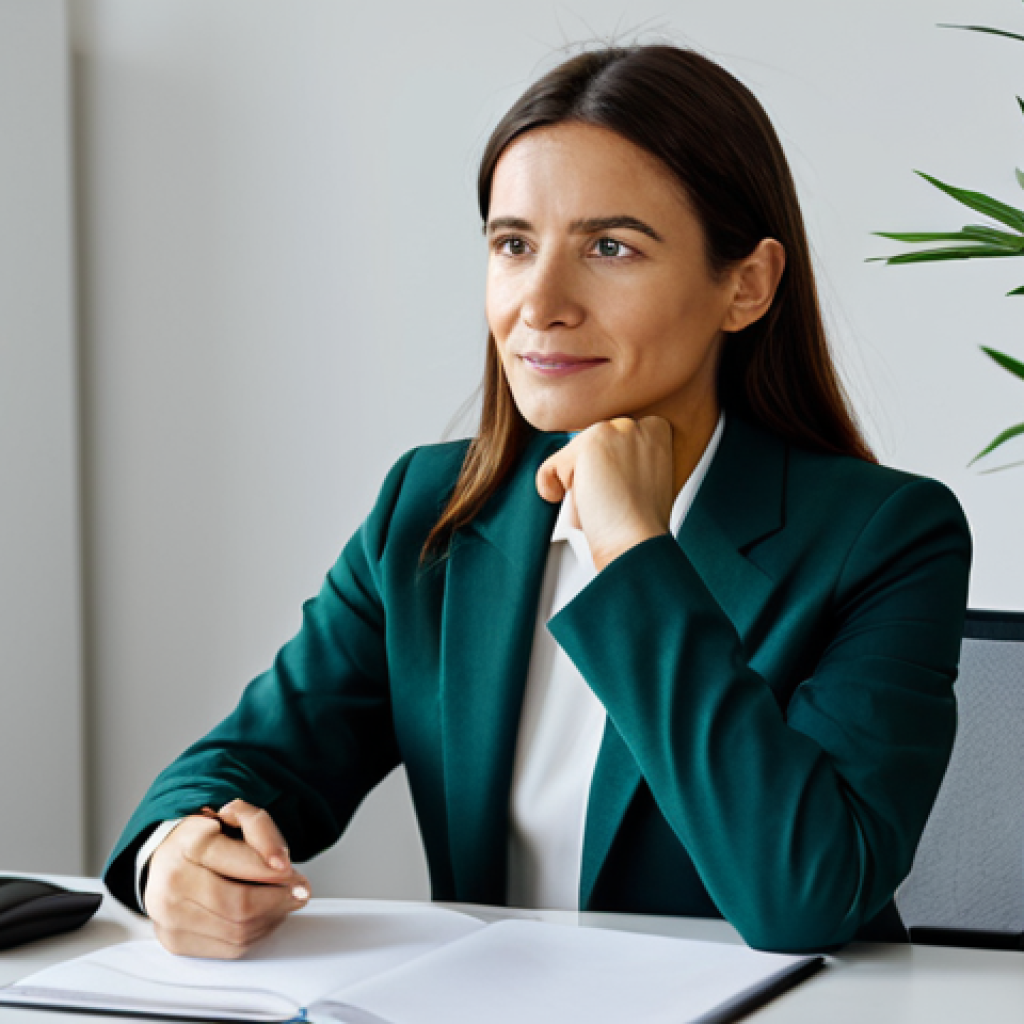 A professional female psychologist, dressed in a modest, dark business suit, is seated calmly at a modern, clean desk in a well-lit, serene psychology office in Madrid, Spain. The office features tasteful, minimalist decor, a comfortable chair, and a few green plants in the background, creating a peaceful atmosphere. She is looking slightly off-camera with a thoughtful, empathetic expression, hands clasped loosely on the desk, conveying professionalism and deep understanding. The lighting is soft and natural. High-resolution, professional studio photography, soft natural light, perfect anatomy, correct proportions, well-formed hands, proper finger count, natural body proportions, safe for work, appropriate content, fully clothed, professional, family-friendly.