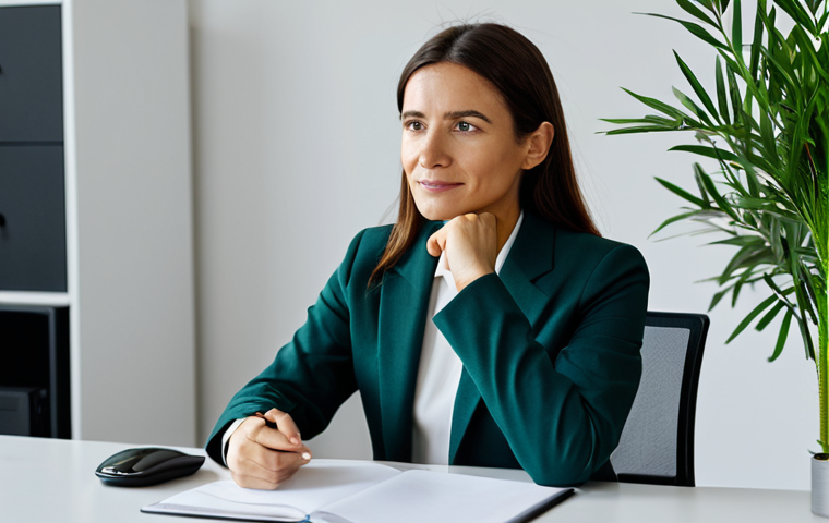 A professional female psychologist, dressed in a modest, dark business suit, is seated calmly at a modern, clean desk in a well-lit, serene psychology office in Madrid, Spain. The office features tasteful, minimalist decor, a comfortable chair, and a few green plants in the background, creating a peaceful atmosphere. She is looking slightly off-camera with a thoughtful, empathetic expression, hands clasped loosely on the desk, conveying professionalism and deep understanding. The lighting is soft and natural. High-resolution, professional studio photography, soft natural light, perfect anatomy, correct proportions, well-formed hands, proper finger count, natural body proportions, safe for work, appropriate content, fully clothed, professional, family-friendly.