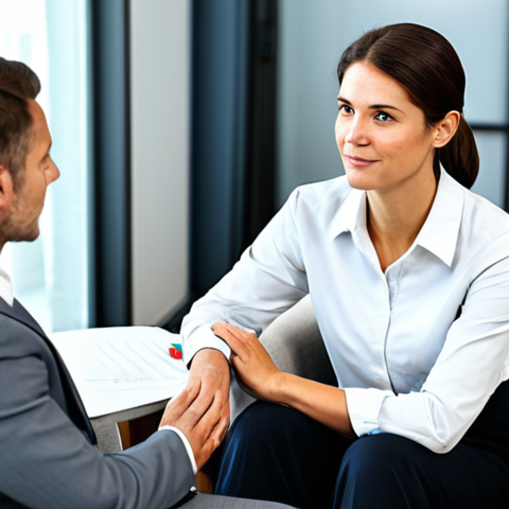 Integrative Therapy Session**
A professional therapist in a brightly lit, modern office, fully clothed in appropriate business attire, sits across from a client (gender neutral, appearing thoughtful). The office includes elements representing different therapy approaches (e.g., a CBT worksheet, a comfortable armchair suggesting humanistic therapy). The scene emphasizes collaboration and a personalized approach. safe for work, appropriate content, well-formed hands, perfect anatomy, natural pose, professional setting, family-friendly, modest clothing.
**