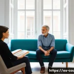 Home 22 상담심리사로서 성공하기 위한 10가지 팁 - A warm, professional clinical therapy room in a modern Spanish setting, showing a middle-aged male p...