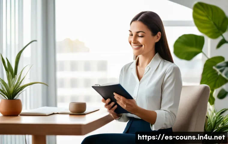 상담심리사로서 자기 관리 방법 - A serene therapy room scene featuring a professional female therapist in business casual attire, sit...