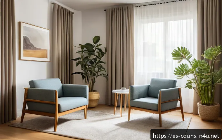 상담심리사 코칭 역량 강화법 - A warm and inviting therapy room in a modern Spanish clinic, featuring a comfortable armchair and a ...