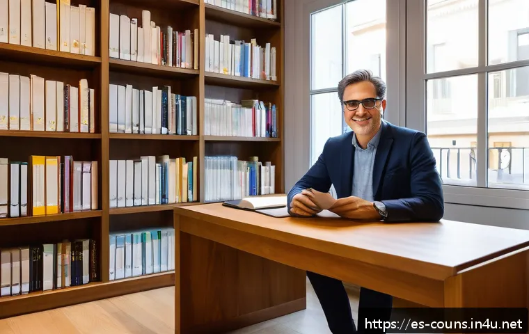 상담심리사 경력과 연차별 수입 - A professional clinical psychologist in a modern private consultation room in Madrid, Spain, wearing...
